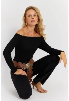 Kadın Siyah Madonna Yaka Kaşkorse Bluz EY2852