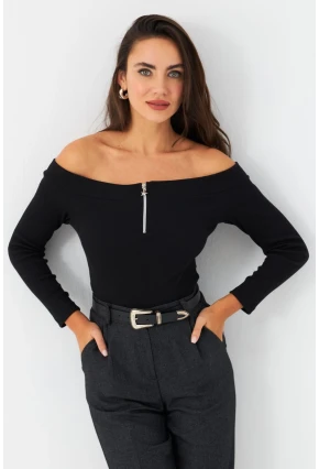 Kadın Siyah Madonna Yaka Kaşkorse Bluz TF40