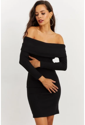 Kadın Siyah Madonna Yaka Kaşkorse Elbise CG272