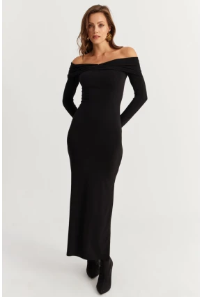Kadın Siyah Madonna Yaka Maxi Elbise DMR391
