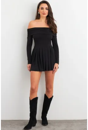 Kadın Siyah Madonna Yaka Midi Elbise MON1262