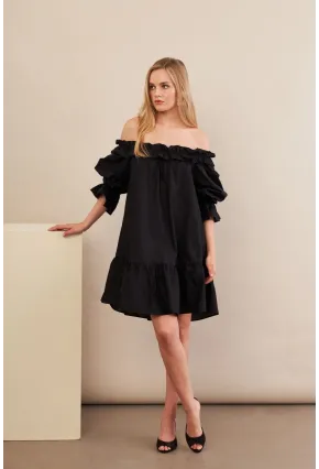 Kadın Siyah Madonna Yaka Midi Elbise PSG1012