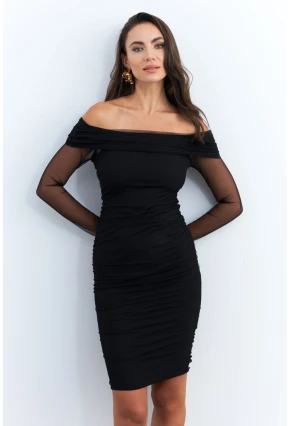 Kadın Siyah Madonna Yaka Midi Tül Yılbaşı Elbise ELT4033