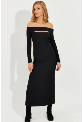 Kadın Siyah Madonna Yaka Pencereli Midi Elbise RMZ21163