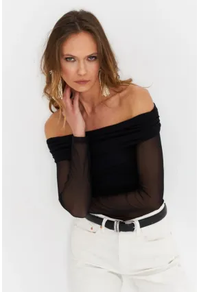 Kadın Siyah Madonna Yaka Tül Bluz MTK13241