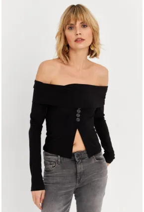 Kadın Siyah Madonna Yaka Yırtmaçlı Crop Bluz ELT4034