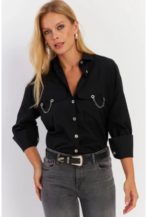Kadın Siyah Metal Detaylı Gömlek ASF13