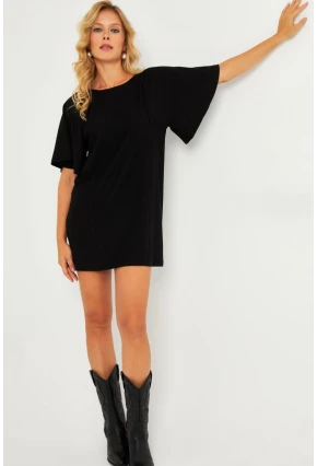 Kadın Siyah Mini Çan Kol Elbise TF05