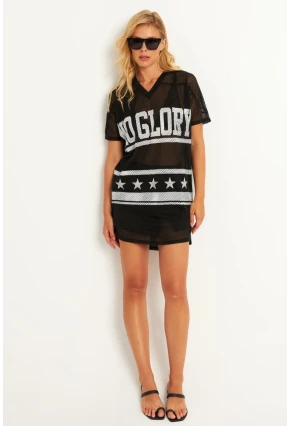 Kadın Siyah Mini File Baskılı Elbise TH1112