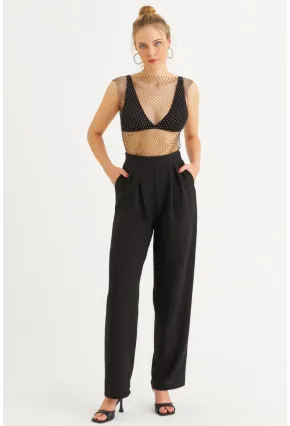 Kadın Siyah Muslin Cepli Pantolon RSP5003