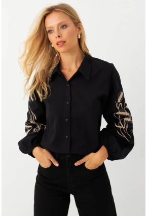 Kadın Siyah Nakışlı Balon Kol Gömlek MQS5603