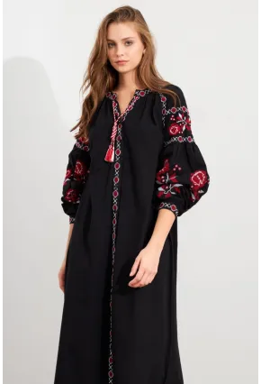 Kadın Siyah Nakışlı Balon Kol Keten Midi Elbise MQS5689