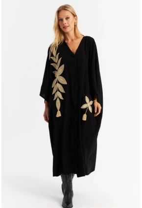 Kadın Siyah Nakışlı Cepli Maxi Elbise ALO13