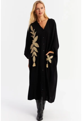 Kadın Siyah Nakışlı Cepli Maxi Elbise MALO13