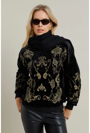 Kadın Siyah Nakışlı Kadife Sweatshirt MQS1229