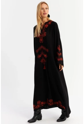 Kadın Siyah Nakışlı Maxi Elbise ALO14
