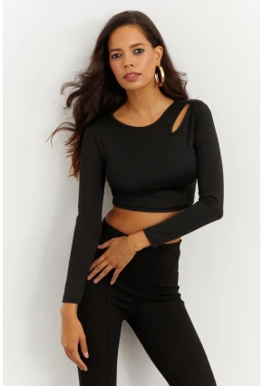 Kadın Siyah Omuz Pencereli Crop Bluz CG262