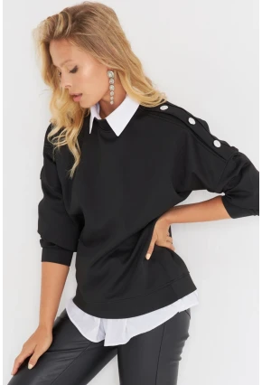 Kadın Siyah Omuz Taşlı Dalgıç Sweatshirt ST824