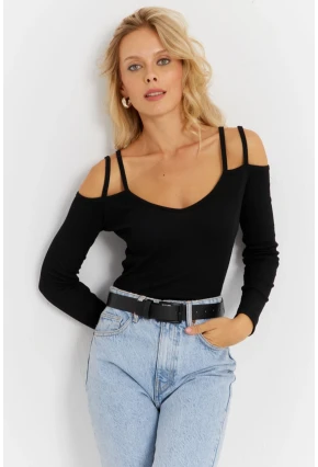 Kadın Siyah Omuzları Açık Kaşkorse Bluz EY2889