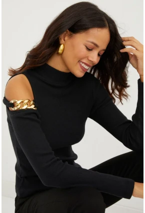 Kadın Siyah Omuzları Açık Zincirli Triko Bluz SF2005