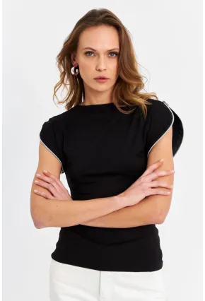 Kadın Siyah Omuzları Fermuarlı Bluz EY3062