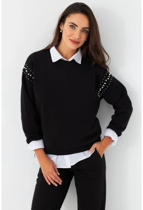 Kadın Siyah Omuzları İnci Detaylı Sweatshirt DY1424