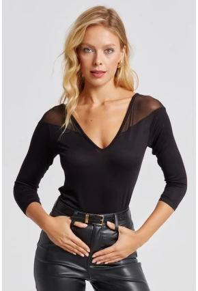 Kadın Siyah Ön Arka V Tül Detaylı Bluz Yİ2502