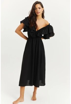 Kadın Siyah Ön Arka V Volanlı Elbise KS113