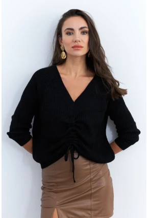 Kadın Siyah Önü Arka V Önü Büzgülü Kazak KAZ29