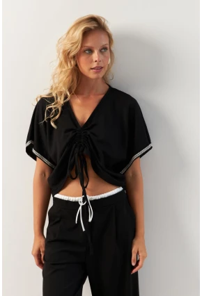 Kadın Siyah Önü Büzgülü Bluz XL2039