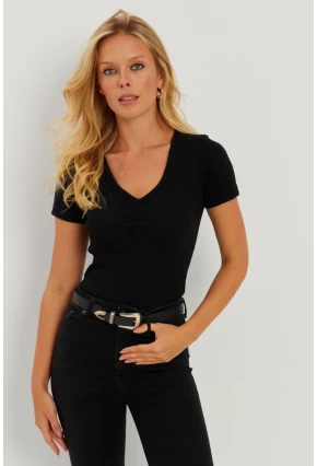 Kadın Siyah Önü Büzgülü V Yaka Bluz AYD309