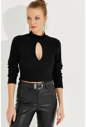 Kadın Siyah Önü Damla Crop Bluz LPP1243