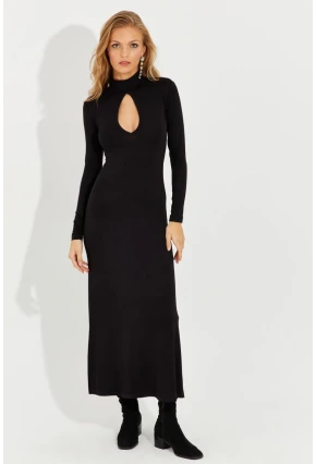 Kadın Siyah Önü Damla Yırtmaçlı Midi Elbise EY2575