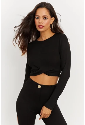 Kadın Siyah Önü Düğümlü Kısa Bluz B1877