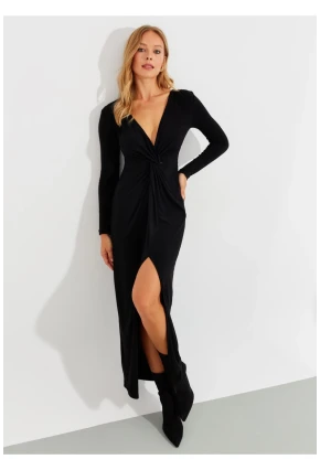Kadın Siyah Önü Düğümlü Maxi Elbise BK1708