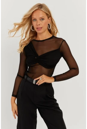 Kadın Siyah Önü Düğümlü Tül Bluz KS118