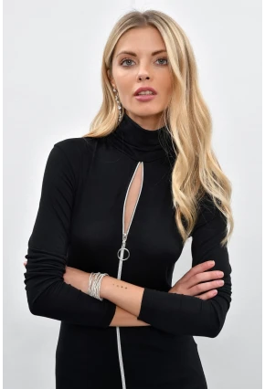 Kadın Siyah Önü Fermuarlı Balıkçı Bluz M1908