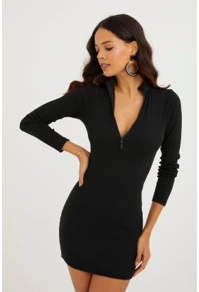 Kadın Siyah Önü Fermuarlı Kaşkorse Mini Elbise CG212