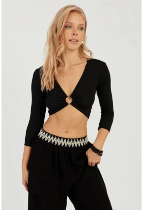 Kadın Siyah Önü Halkalı Crop Bluz EY2737
