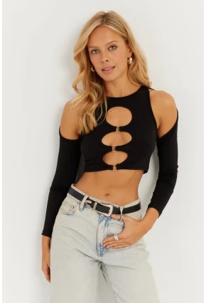 Kadın Siyah Önü Halkalı Crop Bluz MEN2038