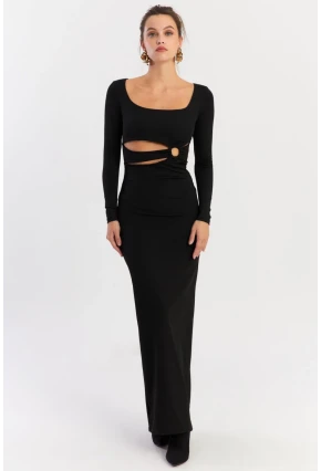 Kadın Siyah Önü Halkalı Maxi Yılbaşı Elbise DCF089