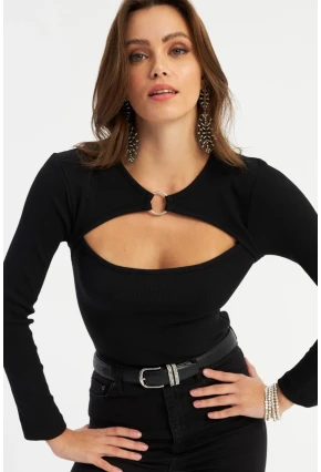 Kadın Siyah Önü Halkalı Pencereli Kaşkorse Bluz AYD382