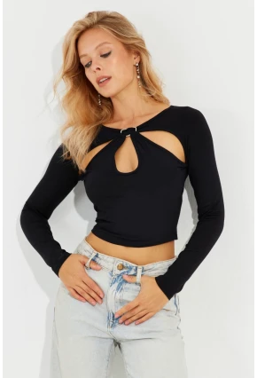 Kadın Siyah Önü Pencereli Bluz B1933