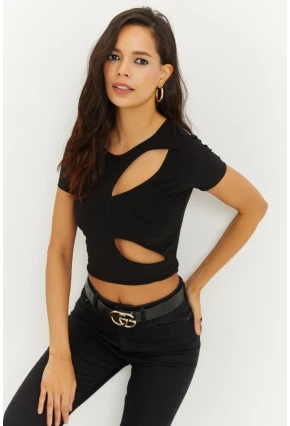 Kadın Siyah Önü Pencereli Crop Bluz ELT2670