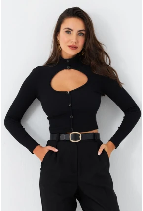 Kadın Siyah Önü Pencereli Kaşkorse Bluz EY2973