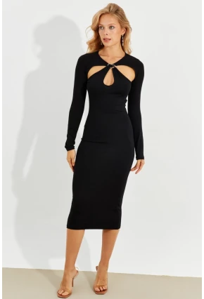Kadın Siyah Önü Pencereli Midi Elbise B226