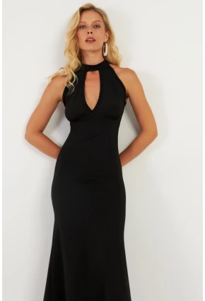 Kadın Siyah Önü Pencereli Midi Elbise EY2849