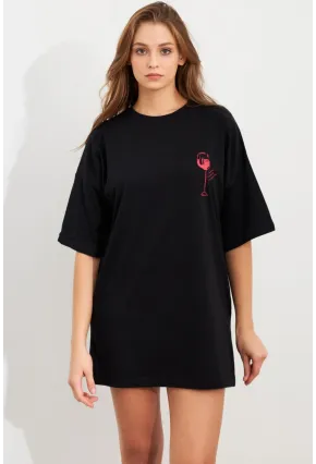 Kadın Siyah Oversize Pijama T-Shirt TPG14
