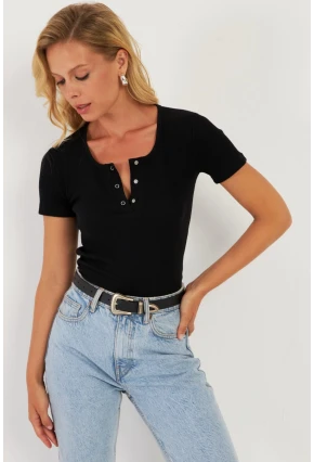 Kadın Siyah Patlı Kaşkorse Bluz XL2021