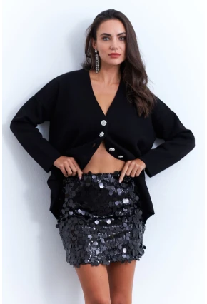 Kadın Siyah Payetli Astarlı Mini Etek YNT2442